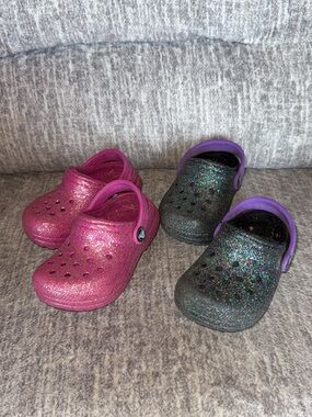 Child 7 glitter fur lined crocs